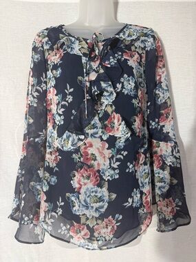 White House Black Market Navy Floral Tie-Front Blouse Size 4